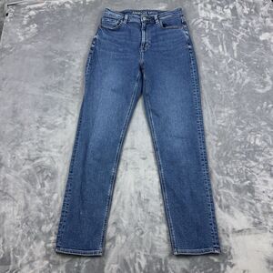 American Eagle Mom Jeans Womens Size 8 Long Blue High Rise Stretch 5 Pocket
